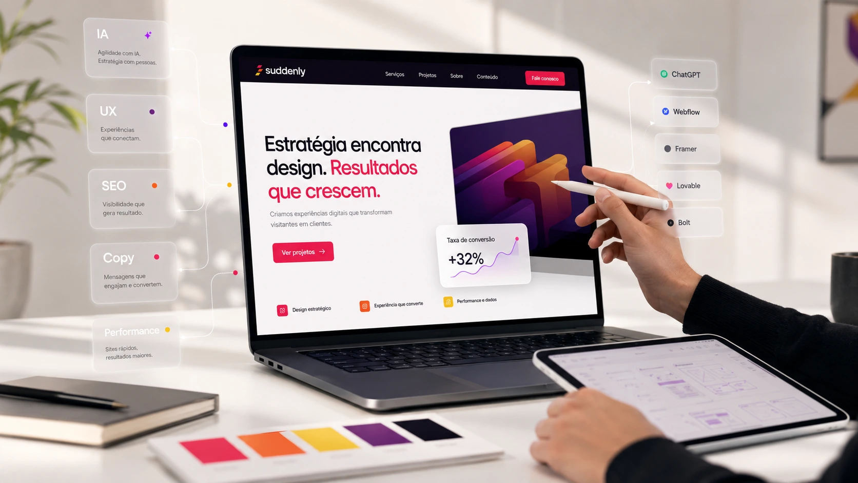 Profissional analisando um site criado com inteligência artificial em um notebook moderno