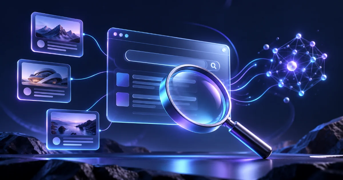 Lupa diante de uma interface de busca conectada a conteúdos e uma rede de inteligência artificial