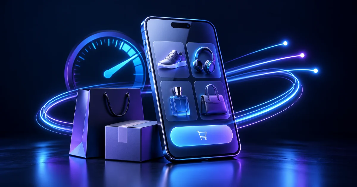 Loja virtual em um celular com sacola, caixa e indicador de velocidade em tons azuis e violetas