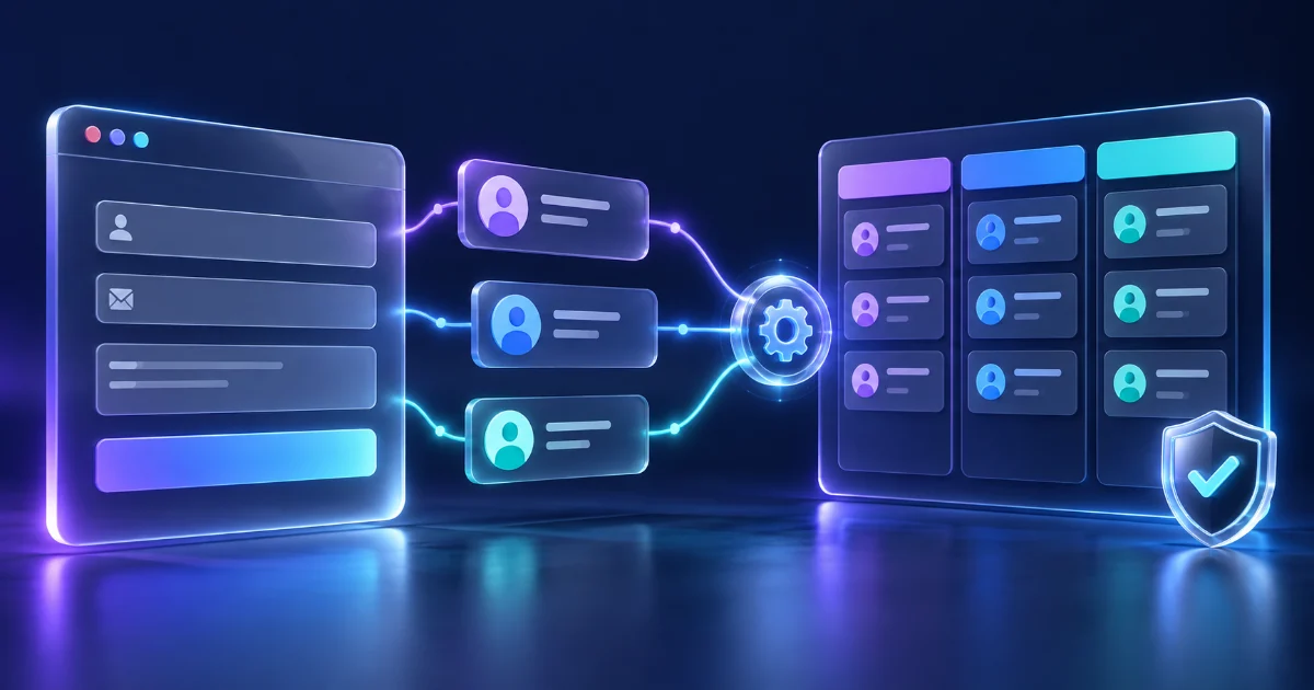 Formulário de site conectado a cartões de contatos e a um painel de CRM por fluxos luminosos
