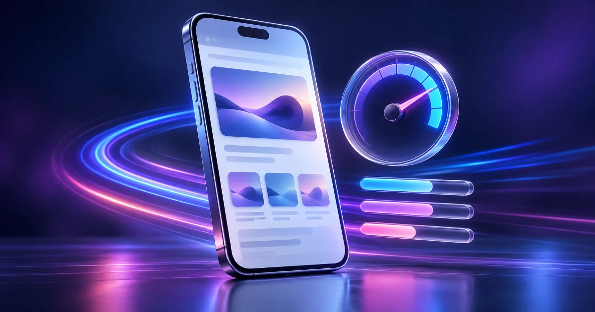 Celular com página de site ao lado de um indicador de velocidade e barras de carregamento