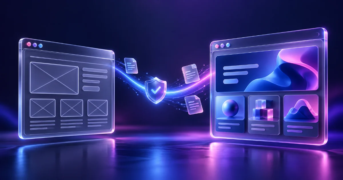 Página em wireframe conectada a um novo site por um caminho luminoso com símbolo de verificação