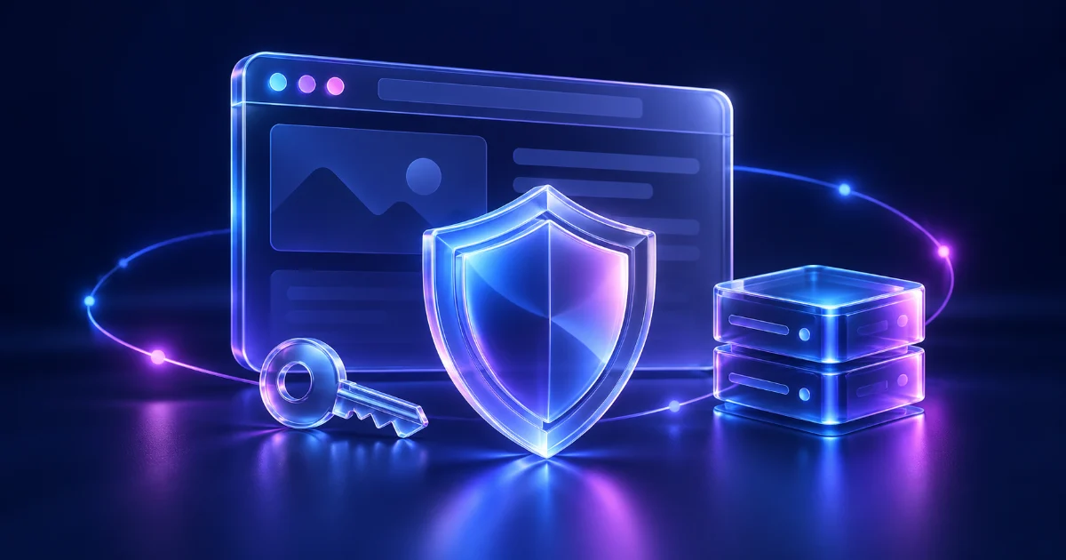 Escudo de vidro diante de um site, acompanhado por uma chave e blocos de armazenamento de backup