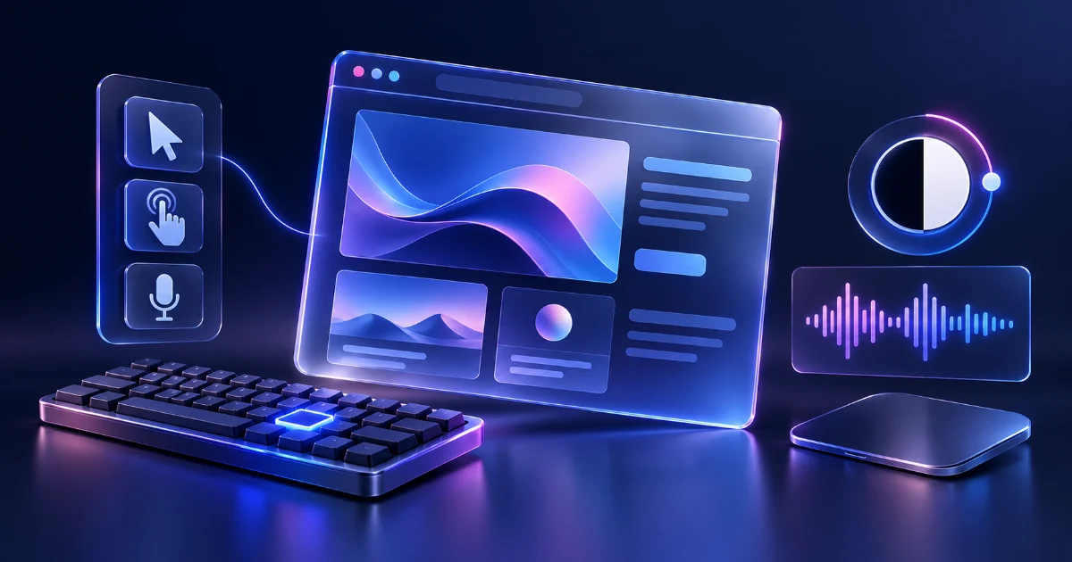Página de site com teclado, foco luminoso, indicador de contraste e representação de áudio