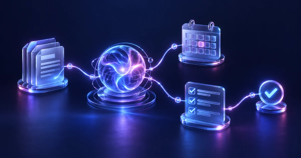 Núcleo luminoso de inteligência artificial conectado a documentos, calendário e lista de tarefas