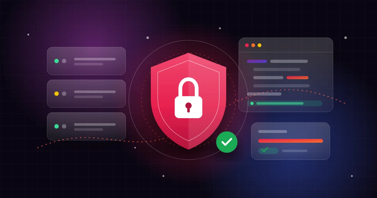 Escudo de proteção diante de um servidor e de uma janela de código PHP, com um alerta de atualização sendo resolvido
